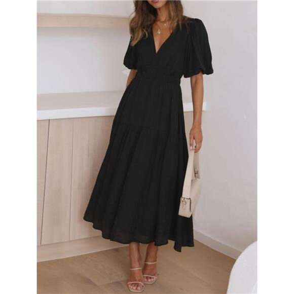 V-Neck Puff Sleeve Midi Dress - Picture 11 of 16